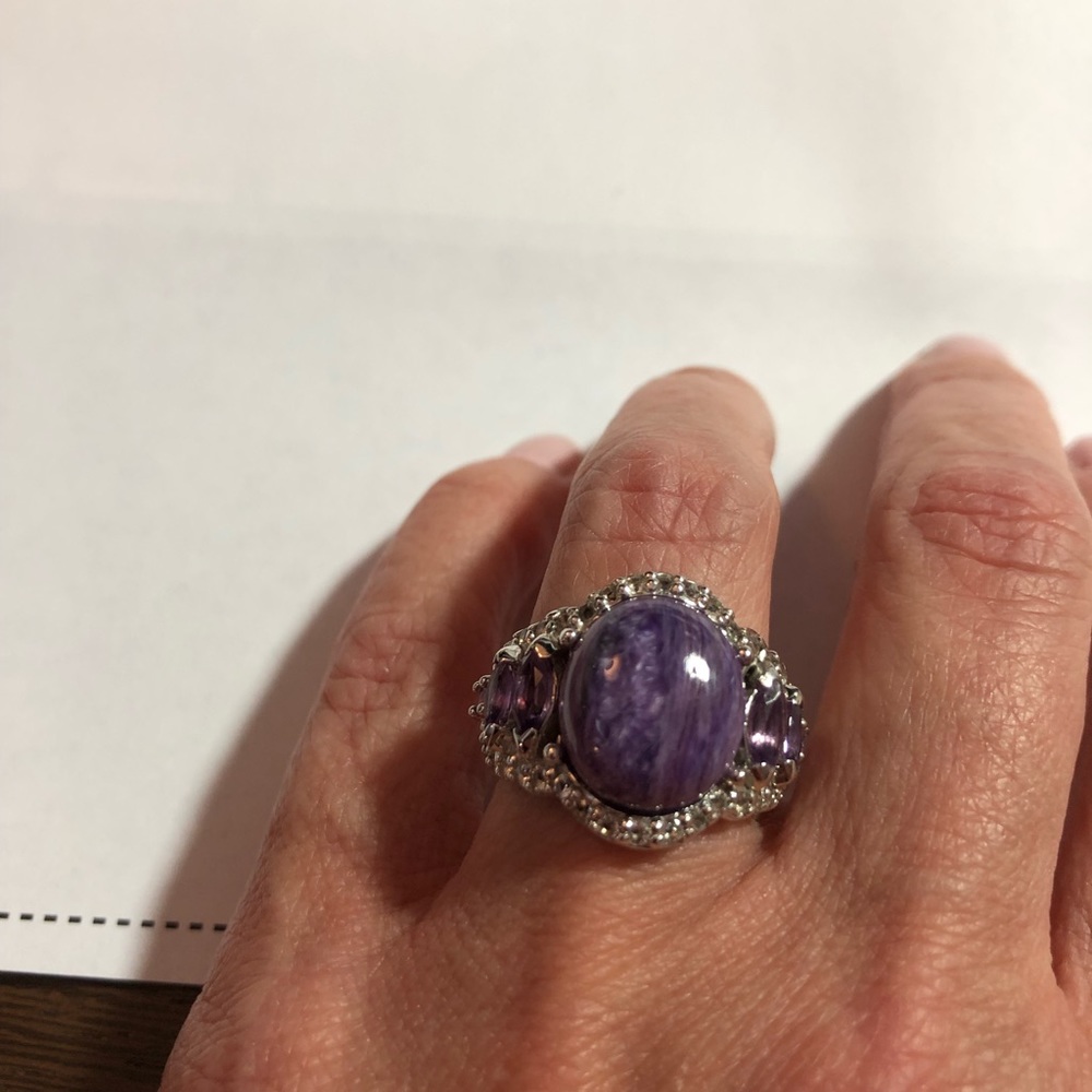 Ring sz 7 charoite, amethyst and white topaz
